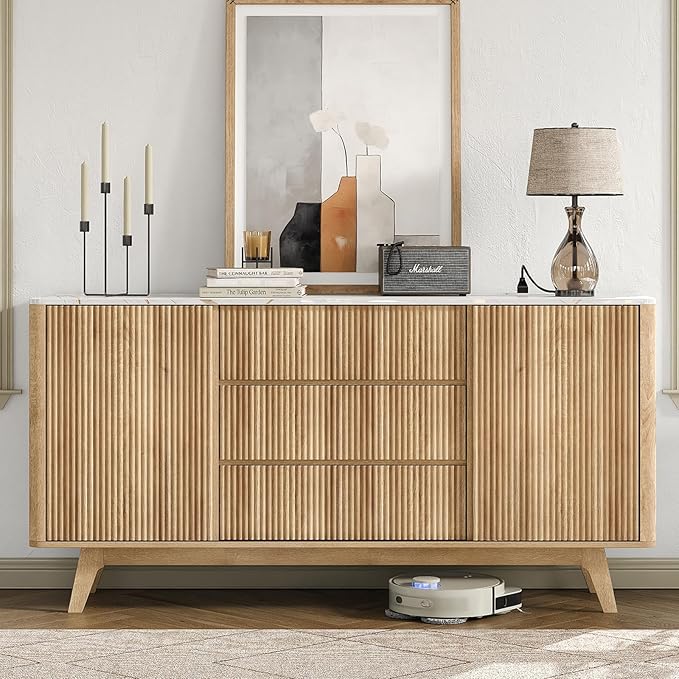 62" W Fluted Buffet Cabinet with Sliding Doors, Modern Sideboard Storage Cabinet with Power Outlet & 3 Drawers, Mid-Century Coffee Bar Table for Living Room, Dinning Room, Natural