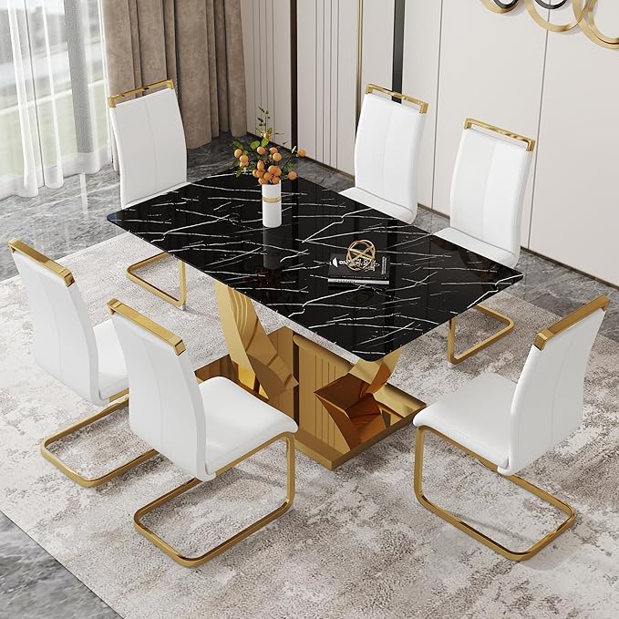 63” Dining Room Table Set for 6,Modern Gold Dining Table Set for 6, Rectangle kitchen Table Set With PU Leather Chairs,Black Faux Marble Dinner Table Set with Tempered Glass Top and Golden Base