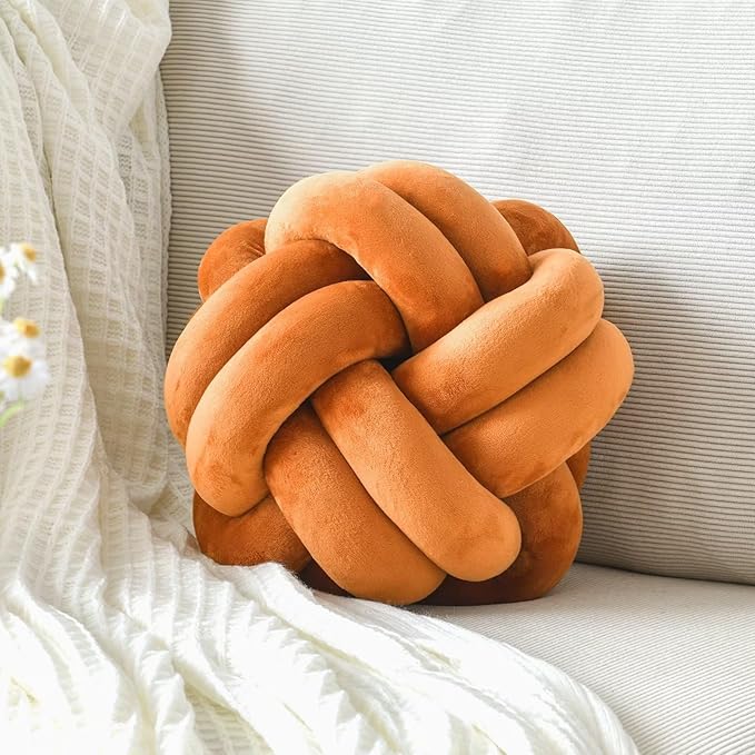 Knot Pillow Ball, Soft Home Decorative Throw Pillows Cushion, Round Changeability Knotted Pillows, Modern Home Handmade Cushions for Bedroom, Sofa, Couch (8 Inch, Caramel)