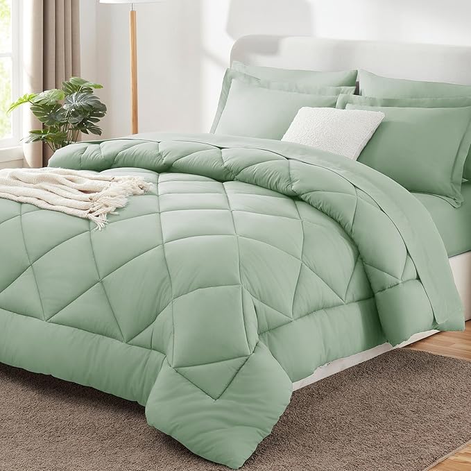 CozyLux Full Size Comforter Sets Sage Green - 7 Pieces Bed in a Bag Full, Luxury Soft Bed Set for All Seasons, Bedding Set with Down Alternative Comforter, Sheets, Pillowcases & Shams