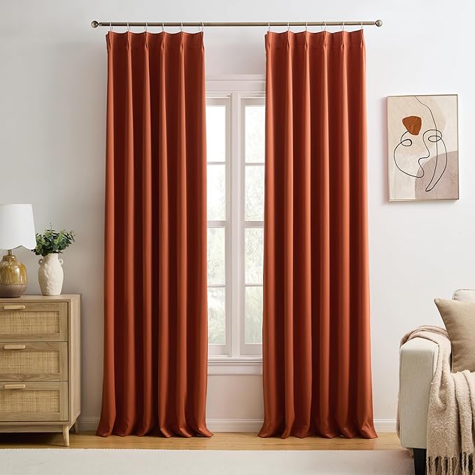 Extra Long Pleated Curtains 108 Inches Long 2 Panels Set, Pinch Pleat with Hooks, Thermal Insulated Blackout Window Drapes Rustic Curtains for Bedroom Sliding Glass Door 40x108,Burnt Orange