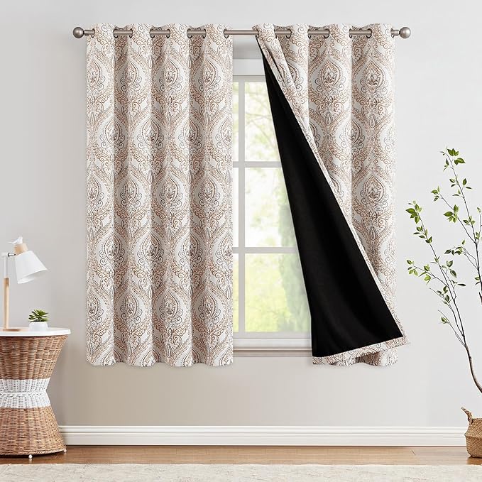 jinchan Blackout Curtains 63 Inch Length Brown Damask Medallion Window Curtains for Bedroom Grommet Thermal Insulated Drapes for Living Room Vintage Luxury Window Treatments Set 2 Panels