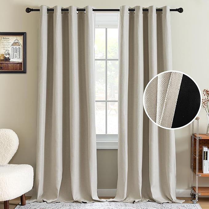 H.VERSAILTEX 90% Blackout Linen Curtains 108 Inches Long for Bedroom/Living Room Thermal Insulated Grommet Curtain Drapes Primitive Textured Burlap Effect Window Drapes 1 Panel - Heather Natural/Black