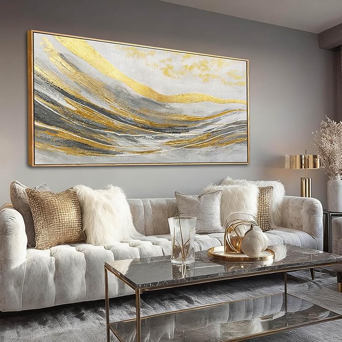 Abstract Wall Decor Modern Canvas Poster Gold Foil Wood Wall Art 24"x48" Pictures for Bedroom Wall Posters for Dining Room Area
