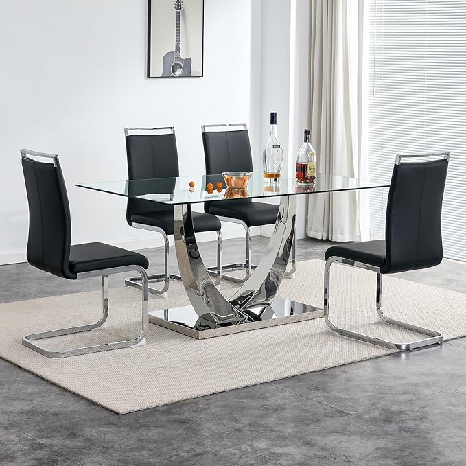 63” Glass Dining Table Set for 4,Modern Dining Room Table Set for 4, Kitchen Table and PU Leather Chairs, Dinner Table with Rectangle Tempered Glass Top and Chrome Silver Base
