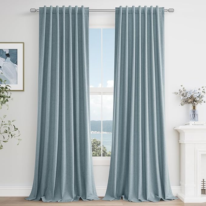 Blue Linen Blackout Curtains 100 Inch Length 2 Panels Set for Living Room Bedroom Back Tab Thermal Insulated 100% Black Out Linen Drapes Room Darkening Window Curtains 100 Inches Long Dusty Blue