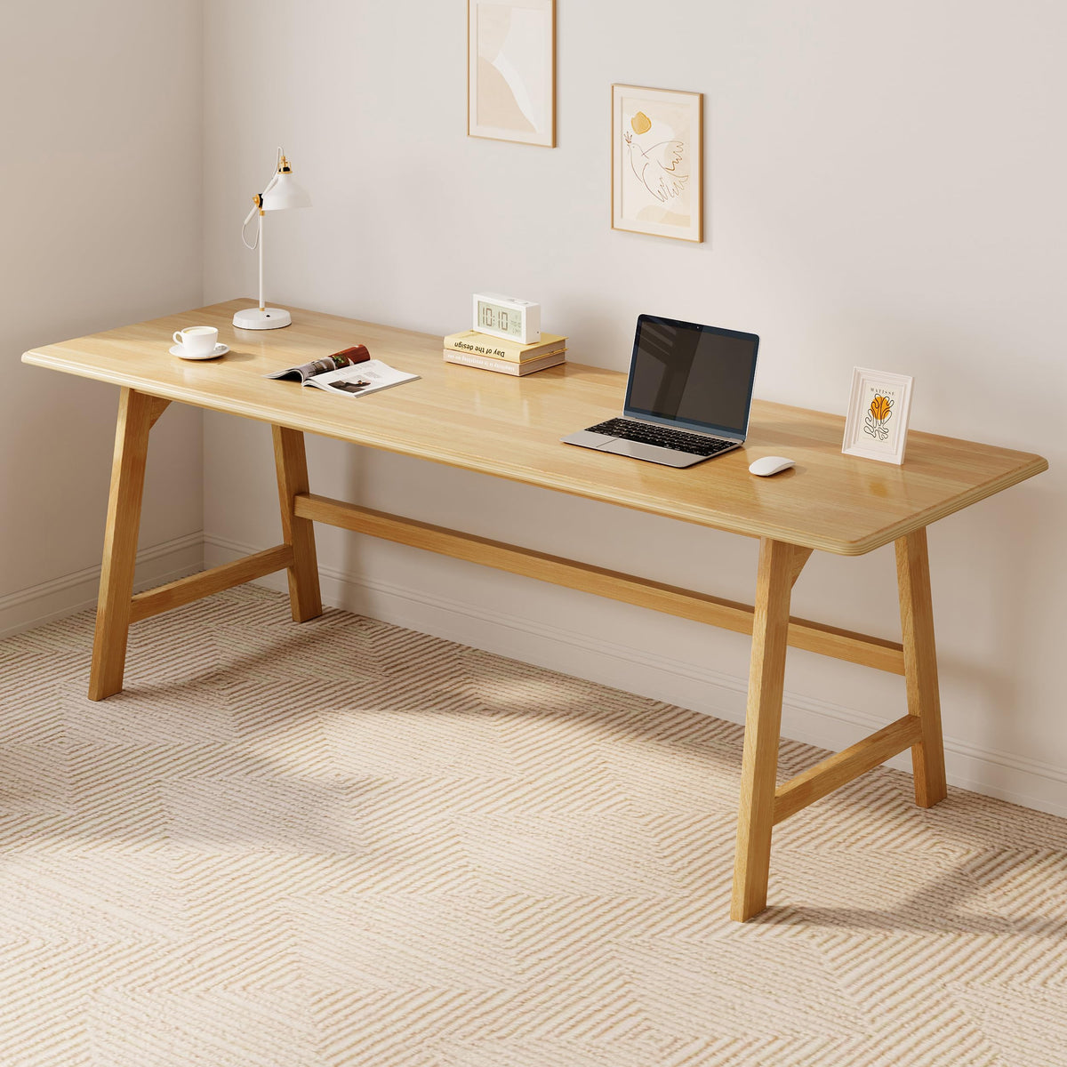 IOTXY Solid Wood Writing Table - 72" W Minimalist Long Computer Desk, Oak