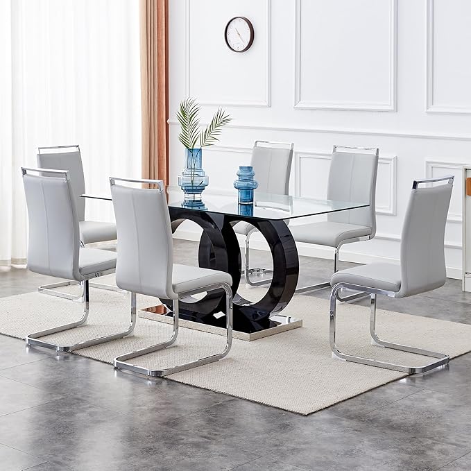Ebullient Glass Dining Table Set for 6 ，7 Piece Dining Table Set,Tempered Glass Table Top，Modern Dining Room Table with 6 PU Leather Ergonomic Dining Chairs