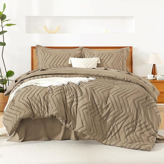 Litanika Taupe California King Size Comforter Set with Sheets - 7 Pieces Bed in a Bag California King Boho Tufted Complete Bedding Sets with Comforter, Sheets, Pillowcases & Shams