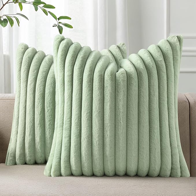 Pallene Faux Fur Plush Throw Pillow Covers 16x16 Set of 2, Luxury Soft Fluffy Striped Decorative Pillow Covers for Sofa, Couch, Living Room, Sage Green