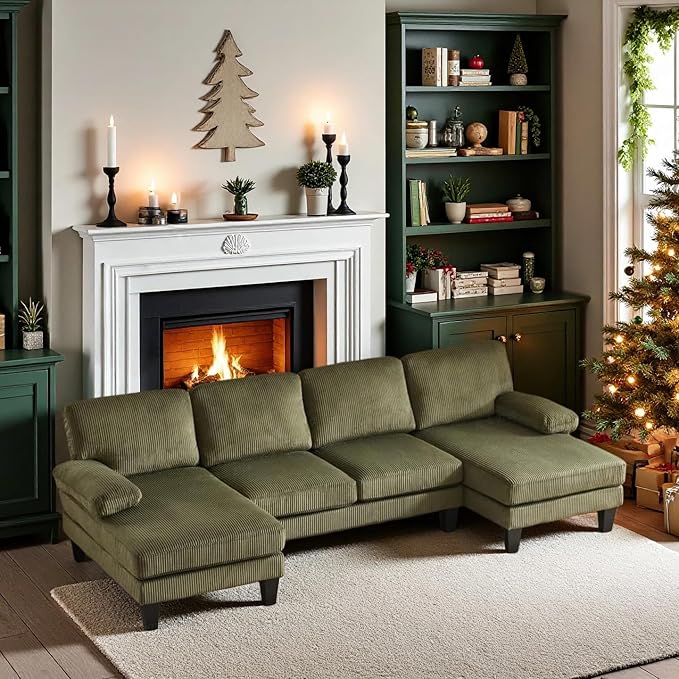 VINGLI 110" Sectional Couches for Living Room,U Shaped Couch with Double Chaise, 4-Seat Sofa Set with Corduroy Fabric for Home Furniture,Green