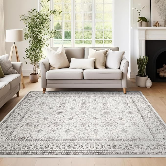 jinchan Floral Area Rugs 4x6 - Machine Washable Vintage Distressed Boho Design Throw Rug Stain Resistant Carpet Low Pile Ultra-Thin Non-Slip for Bedroom Living Room Dining Room Kitchen (4‘x6', Beige)