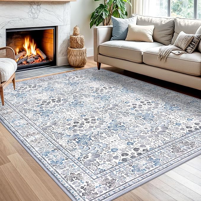 5x7 Area Rug for Bedroom, Grey Blue Large Modern Floor Rug with Non-Slip, Non-Shedding Washable Area Rugs for Living Room, Soft Boho Carpet for Farmhouse Office Home Décor