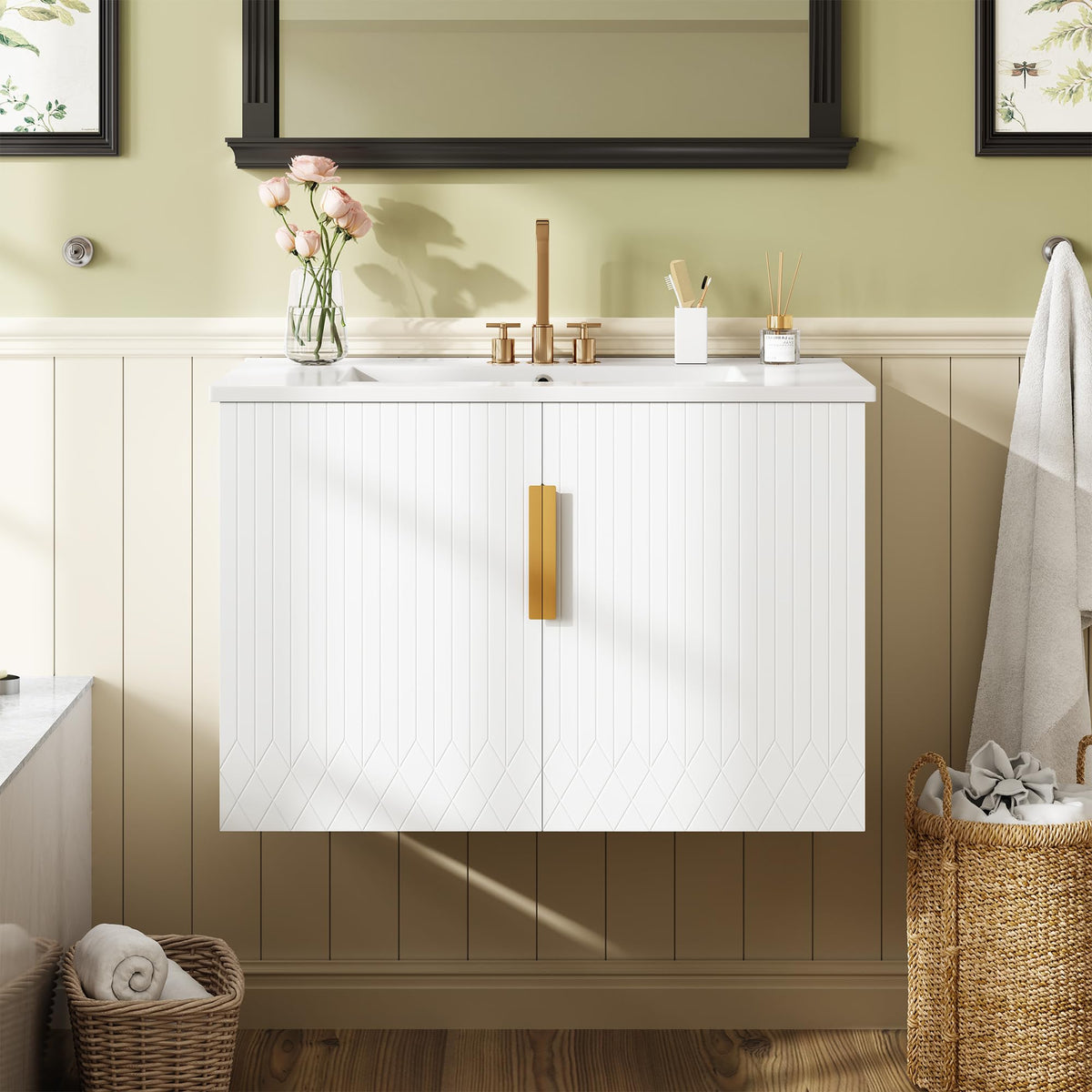 Virubi 30 Inch Bathroom Vanity with Sink, Wall Mounted Fluted Bathroom Storage Cabinet with 2 Doors and Ajustable Shelf, Floating Bathroom Vanities with Decor Line
