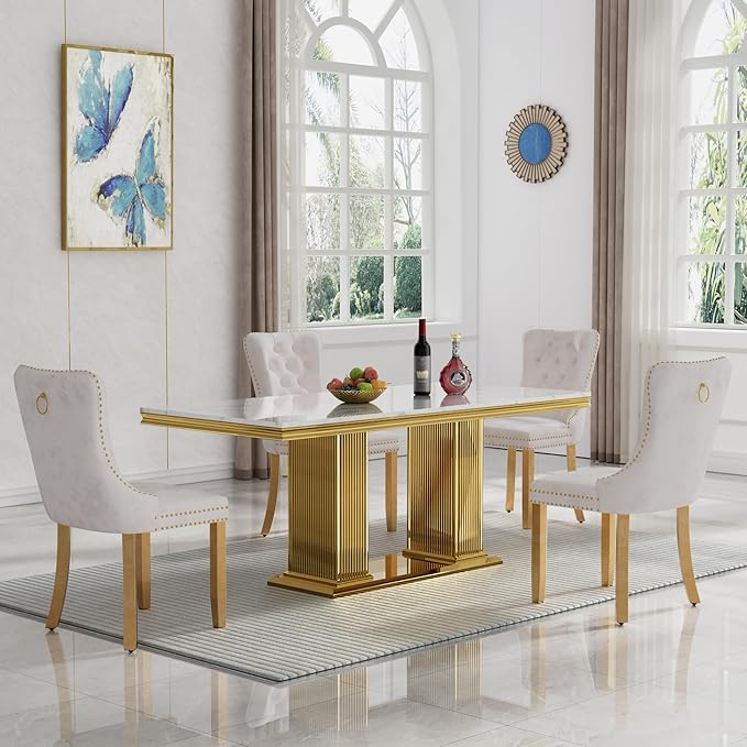 HomVent 68.11'' Rectangle Dining Table Set with Marble Table Top & Stainless Steel Base (White, 4 Beige Chairs, 5 Pieces)
