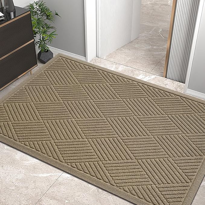 Sturdy Front Door Mat, Absorbent Muddy Dirt Resist Welcome Door Mats Outdoor Indoor, Stain and Fade Resistant, Non-Slip Rubber Backing Low Profile Doormat for Entryway, 60×36, Beige