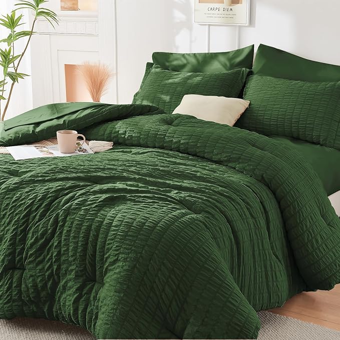 HYMOKEGE Dark Green Twin Comforter Set Seersucker 5 Pieces, All Season Luxury Bed in a Bag Queen for Bedroom, Bedding Set with Comforter, Sheets, Pillowcase & Sham