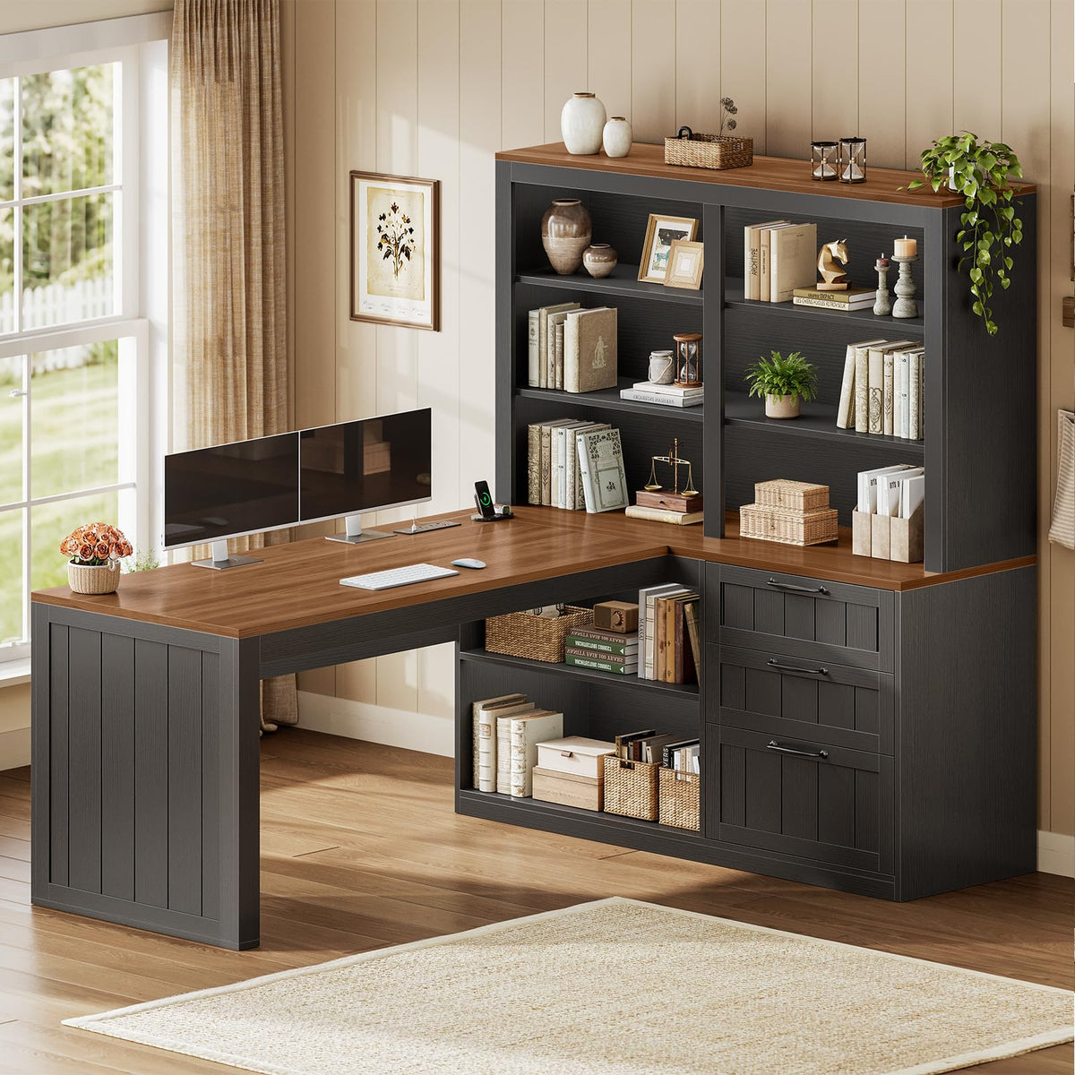 SEDETA Farmhouse L Shaped Computer Desk, 59'' Wood Office Desk with 3 Drawers and 5-Tier Bookshelf, Corner Desk with Storage Shelves and Power Outlet for Home Office Small Space, Black + Brown