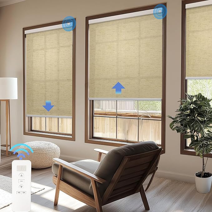 Motorized Blinds with Remote Cordless Automatic Motorized Shades Custom Blinds for Indoor Windows Smart Curtains with Alexa Google Home(Light Filtering Linen Soft Dunes,W46 x H72in)