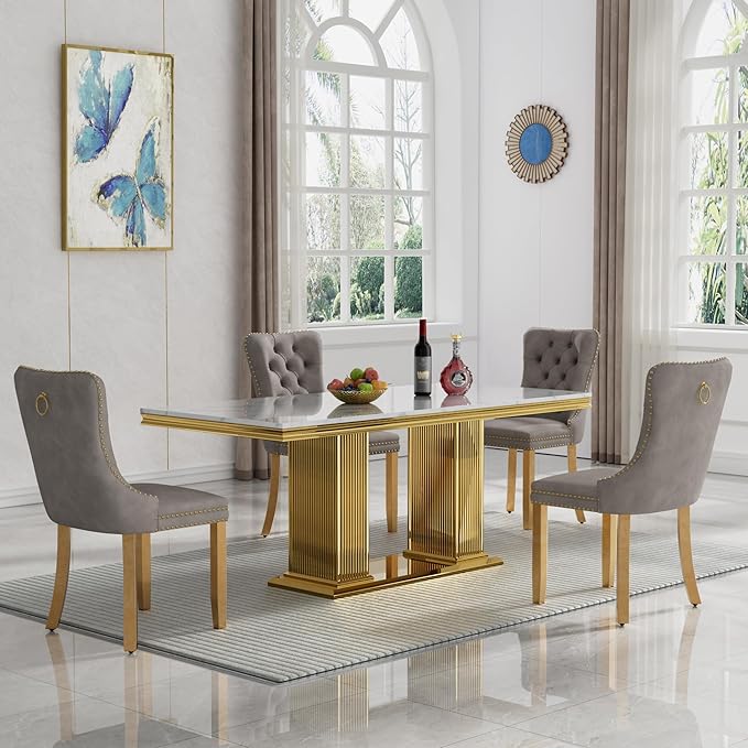 HomVent 68.11'' Rectangle Dining Table Set, Modern Faux Marble Top & Stainless Steel Base (White with 4 Grey Chairs, 5 Pieces)