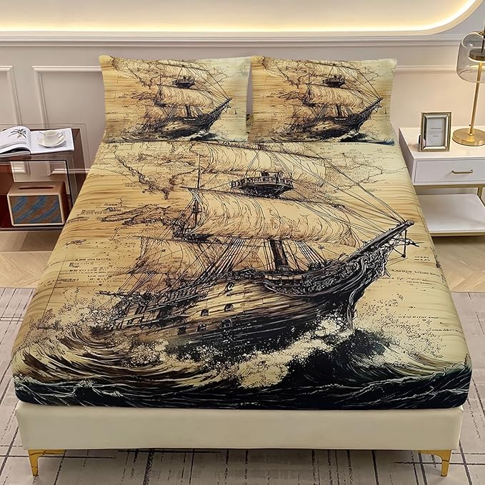 AILONEN Ocean Voyage Theme Fitted Sheet Set for Kids Girls Adult Women,Anchor Nautical Bedding Set Twin XL Size,Printed Printed Bed Sheet Set,3-Piece 1 Sheet Set + 2 Pillowcases