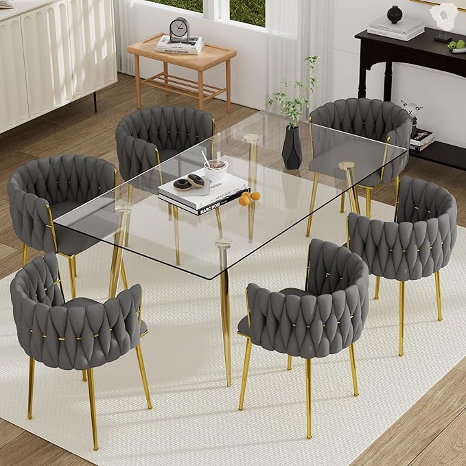 Gold Glass Dining Room Table Set for 6, 63'' Modern Luxury Rectangular Dinner Table Set, 7 Pieces Clear Glass Top Minimalist Kitchen Table Set, Grey Woven Dining Chair for Home Large Place