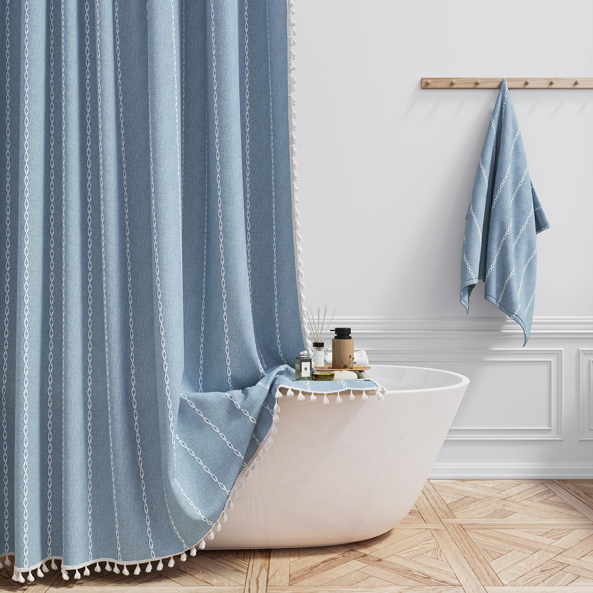 BTTN 72x96 Extra Long Boho Linen Heavy Duty Cloth Shower Curtain Set, Blue