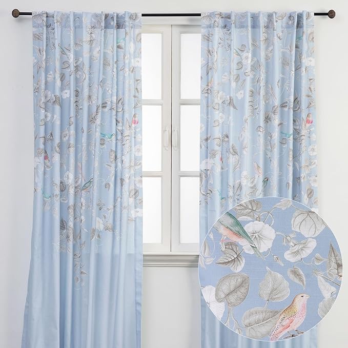 Maison d' Hermine Curtains for Living Room 100% Cotton 96 inch Length Two Panels Light Filtering Curtains for Bedroom Windows with Rod and Loop Pockets Drapes (Celeste, 50" W x 96" L)