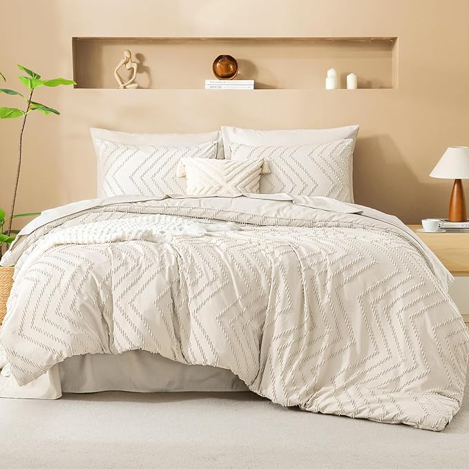 Litanika Twin Comforter Set with Sheets Beige - 5 Pieces Boho Tufted Shabby Chic Bed in a Bag, Fluffy Soft Farmhouse Bed Set for All Seasons