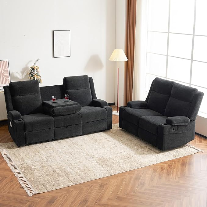 Manual Living Room Reclining Sofa Set, Comfy Chenille Loveseat Recliner Sofa & Deep Seat Reclining Couch, RV Wall Hugger Recliner Sofa Set for Living Room Furniture Sets(Black)