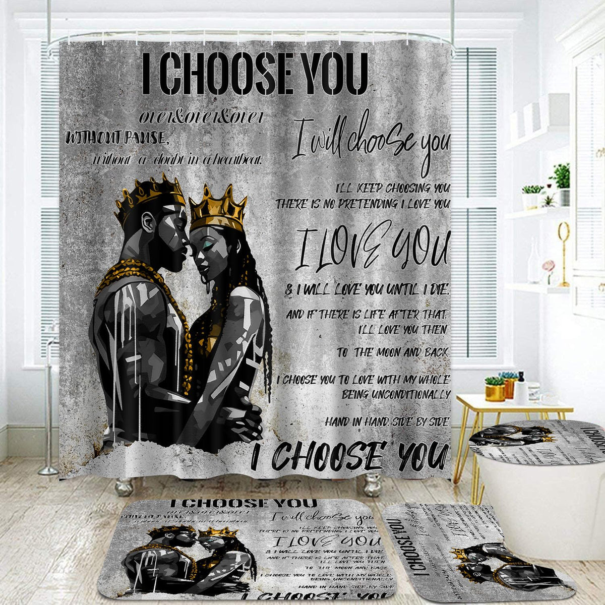 Omebero 4pcs Romantic Couples Shower Curtain and Rugs Toilet Lid Cover Bath Mat, Fathers Day Full in Love Black Man Women Shower Curtain Set with Hooks, Black King Queen Bathroom Decor Set