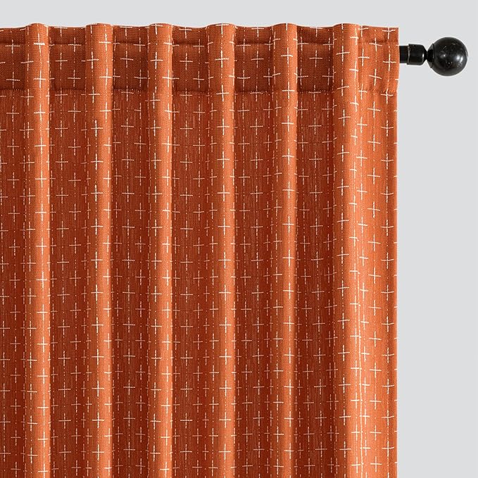 MIULEE Decorative Back Tab Linen Curtains with Geometric Pattern for Living Room Bedroom Farmhouse Rustic Thick Woven Textured Patterned Mudcloth Drapes 72 Inches Long 2 Panels Set, Burnt Orange