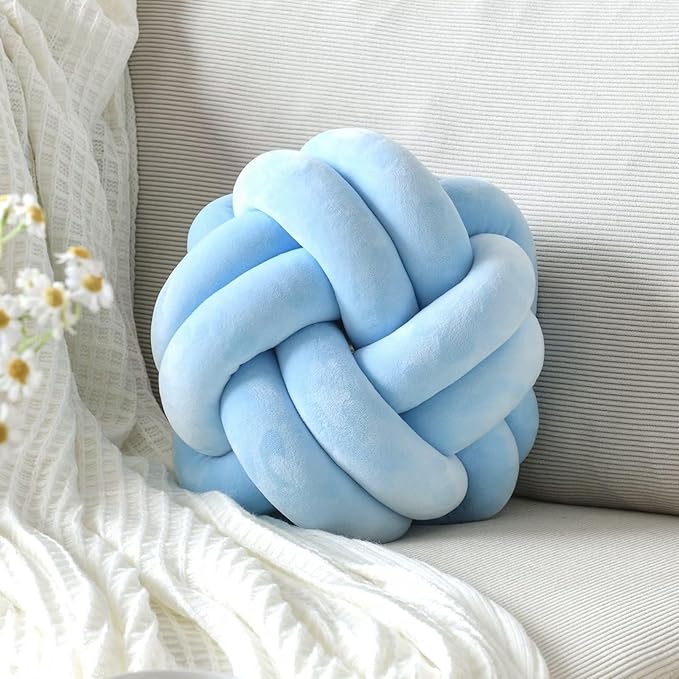 Knot Pillow Ball, Soft Home Decorative Throw Pillows Cushion, Round Changeability Knotted Pillows, Modern Home Handmade Cushions for Bedroom, Sofa, Couch (8 Inch, Light Blue)