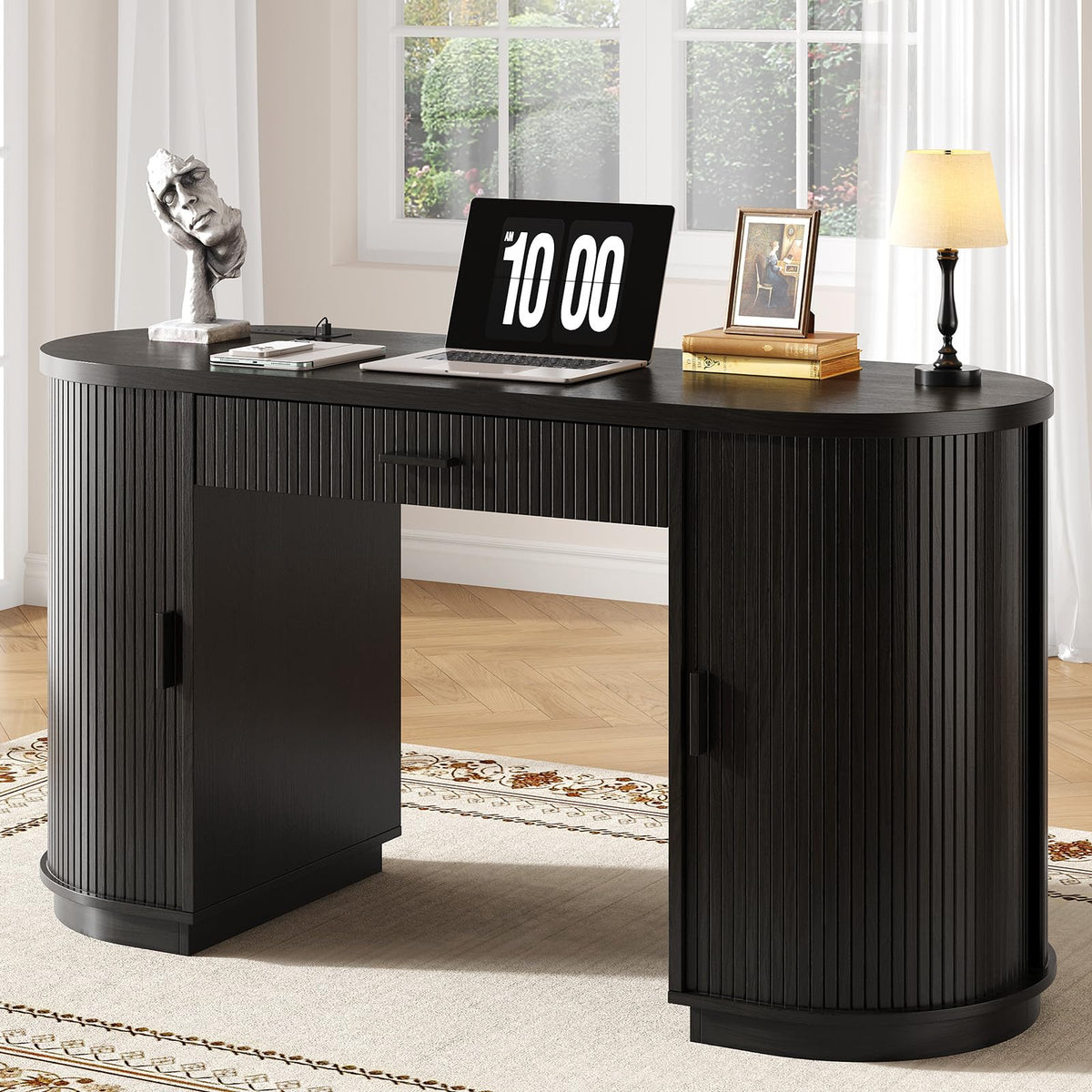 ONBRILL 58" Fluted Office Executive Desk with Ample Storage Drawer,Black