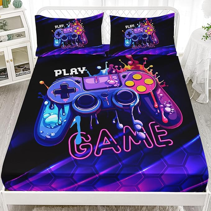 AILONEN Gamer Fitted Sheet Set Twin XL Size, Gaming Bed Sheet Set,Honeycomb Hexagon Games Sheets Set,Teen Boys Gamepad Bed Sheet Sets 3 Pieces, 1 Fitted Sheet and 2 Pillowcases