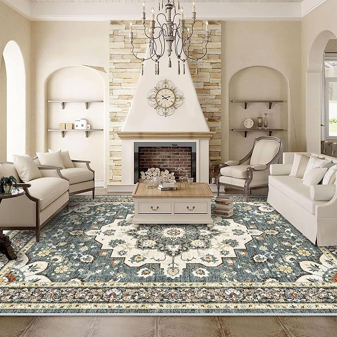 Washable Oriental Area Rug - 9x12 Rugs for Living Room Soft Carpet for Bedroom Waterproof Floral Distressed Indoor Stain Resistant Non-Shedding Floor Carpets (Blue, 9x12)