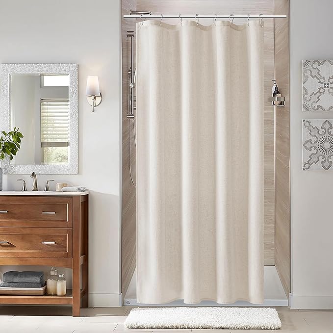 Naturoom 48 Inch Shower Curtain - Stall Narrow Half Green Linen Ultra Thick Fabric Shower Curtain Set with Hooks, Boho Farmhouse Rustic RV Camper Bath Curtains for Bathroom, Oatmeal, 48x72