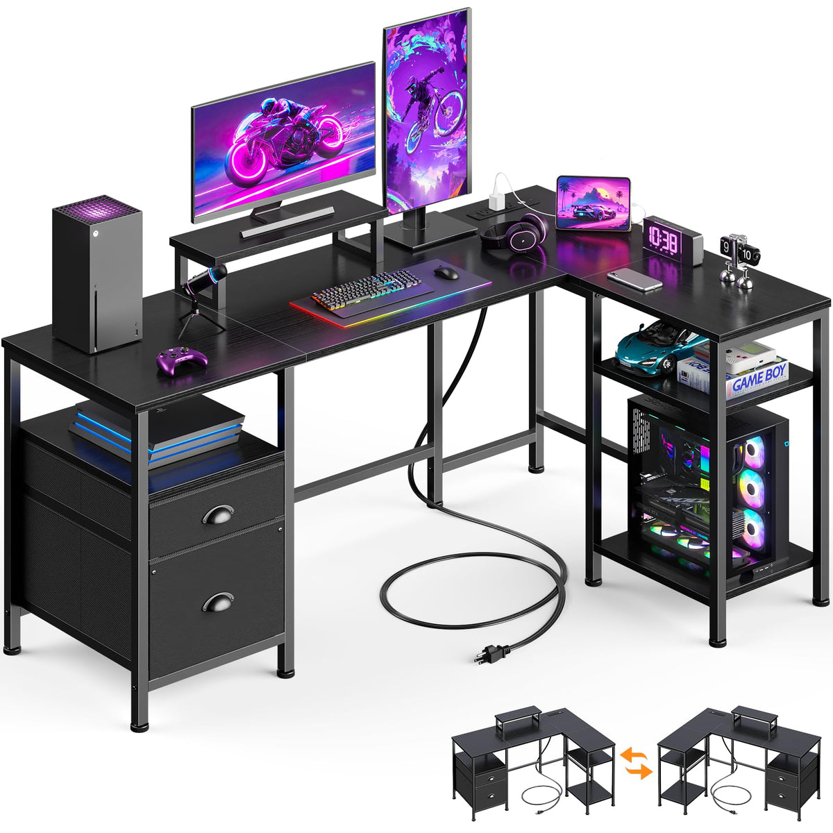 Furologee 50 Inch L Shaped Gaming Desk with Power Outlet and Drawers, Black