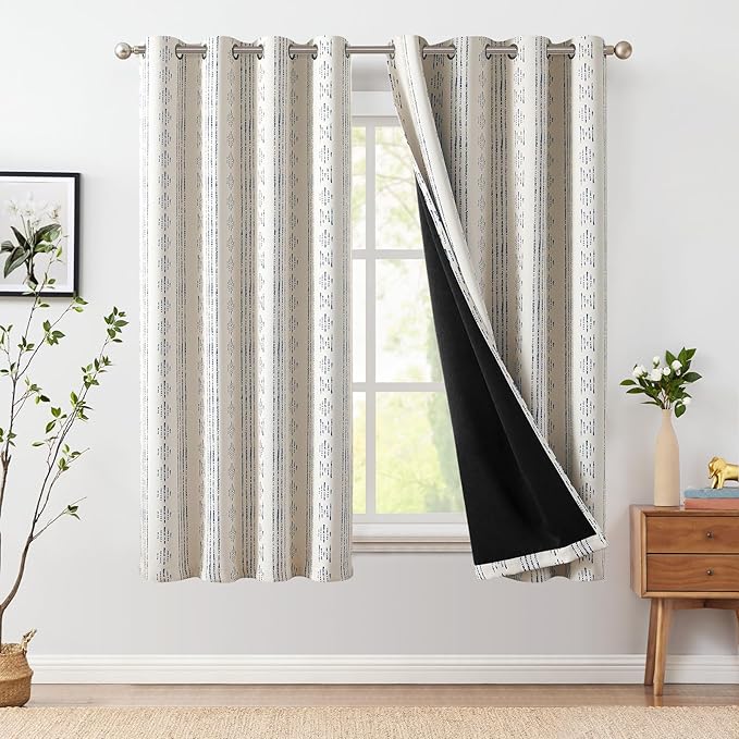 jinchan 95% Blackout Boho Curtains 63 Inch Length for Bedroom Living Room Blue on Beige Geometric Printed Grommet Top Room Darkening Thermal Insulated Window Drapes 2 Panels