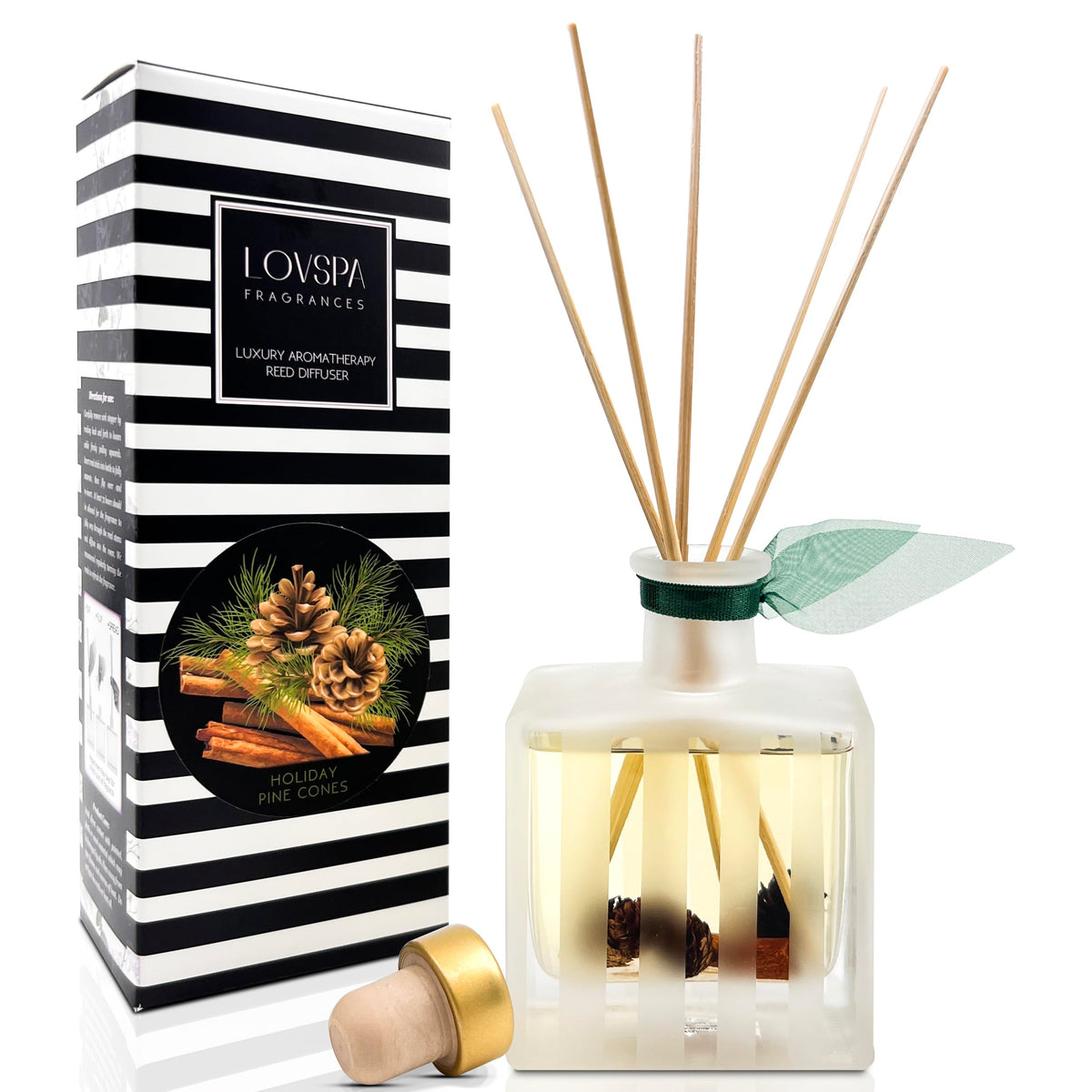 LOVSPA Reed Diffuser Set, Holiday Pine Cones Scented Oil Diffuser with Sticks, Home Fragrance Accessories for Bathroom Shelf Decor, Aroma Diffusers for Home or Office Desk, USA Made