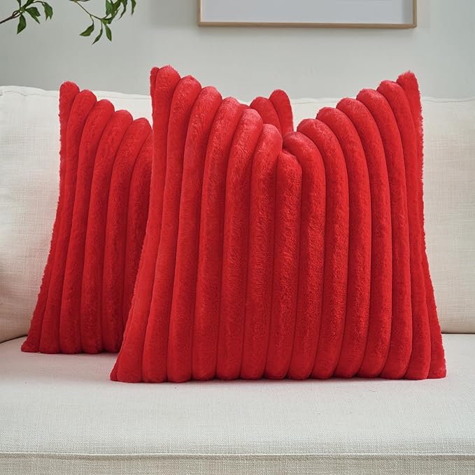 FUTEI Christmas Red Throw Pillow Covers Set of 2, 20x20 Inch Striped Texture Cushion Cases with Soft Faux Rabbit Fur Front & Velvet Back, Modern Decorative Couch Pillows for Living Room