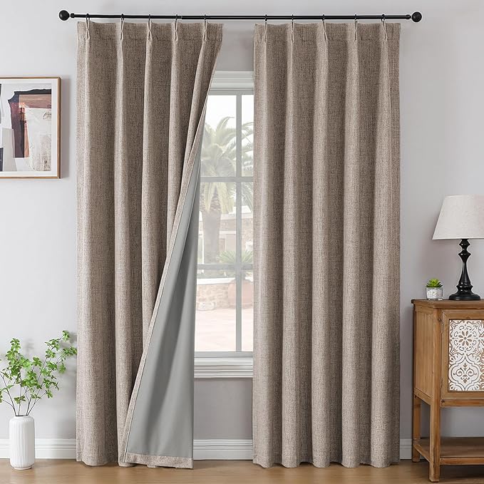 Joydeco Pinch Pleated Curtains - 100% Blackout for Bedroom, Linen Curtains 40" W x 108" L, Thermal Insulated 2 Panels Light Blocking Drapes, Back Tabs for Living Room