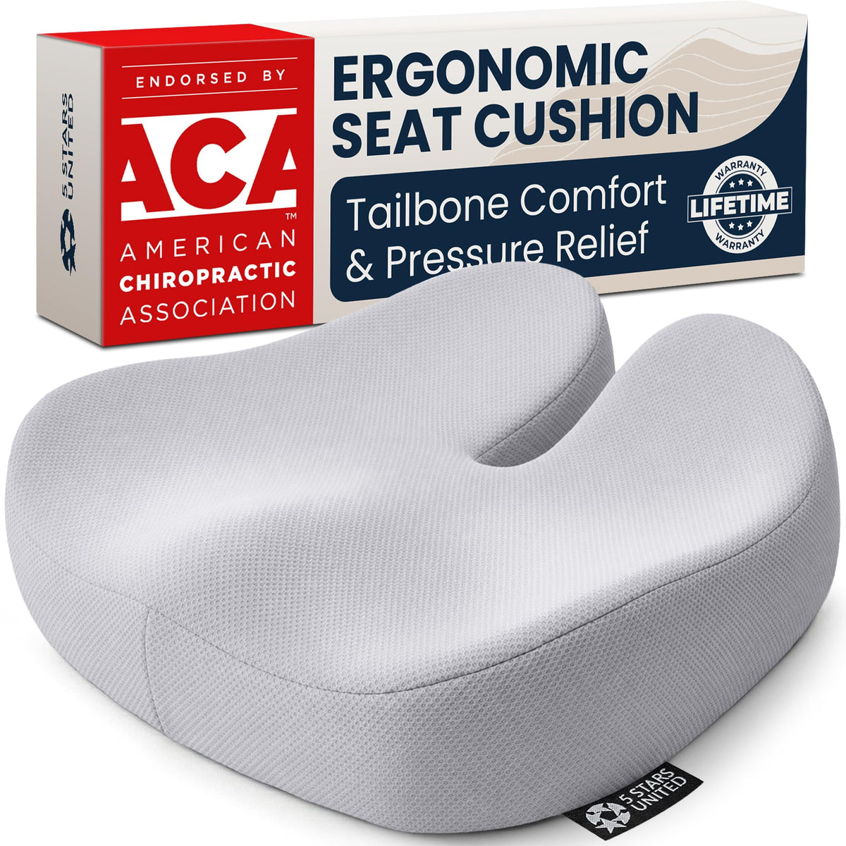 5 STARS UNITED Seat Cushion - Memory Foam Chair Cushion for Tailbone Pain Relief - Ergonomic Support for Coccyx, Sciatica & Butt - Office, Desk & Gaming Chair, Car Seat, Wheelchair, Light Gray Mesh