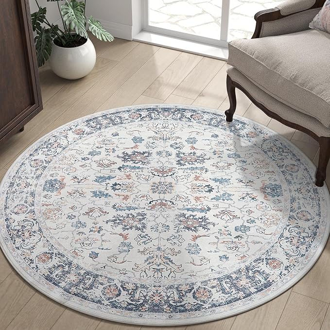 jinchan Round Rug 5ft Area Rug - Washable Boho Vintage Floral Circle 5' Round Floor Cover Lightweight Low Pile Thin Throw Non-Slip Carpet for Kitchen Living Room Bedroom Dining Room Office Grey Multi