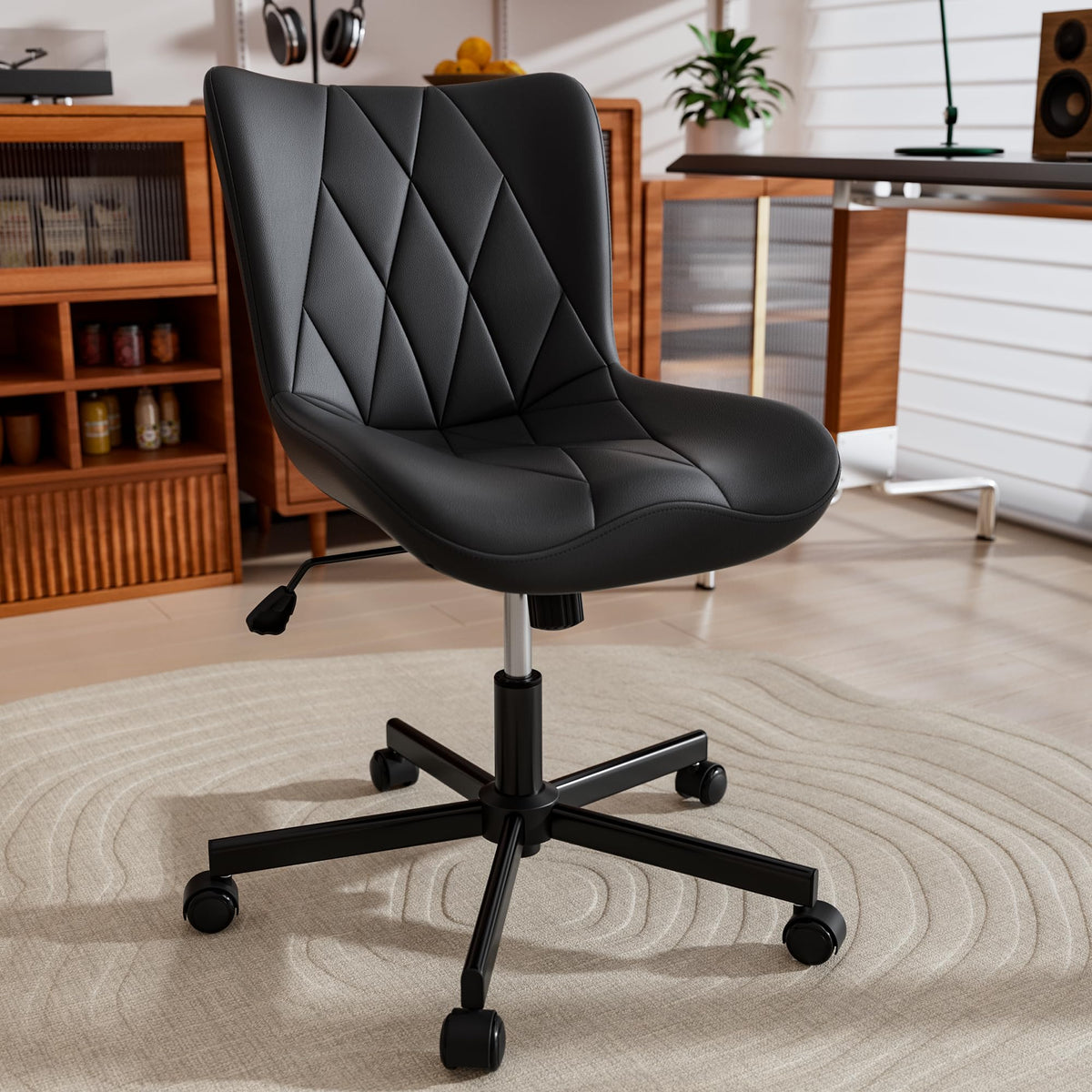 JULYMON Armless Desk Chair, Morden Home Office Chair no Arms, Adjustable Height & Rocking Computer Chair, PU Leather Vanity Chair, Ergonomic Seat Soft Padded Desk Chairs for Home Small Space, Black