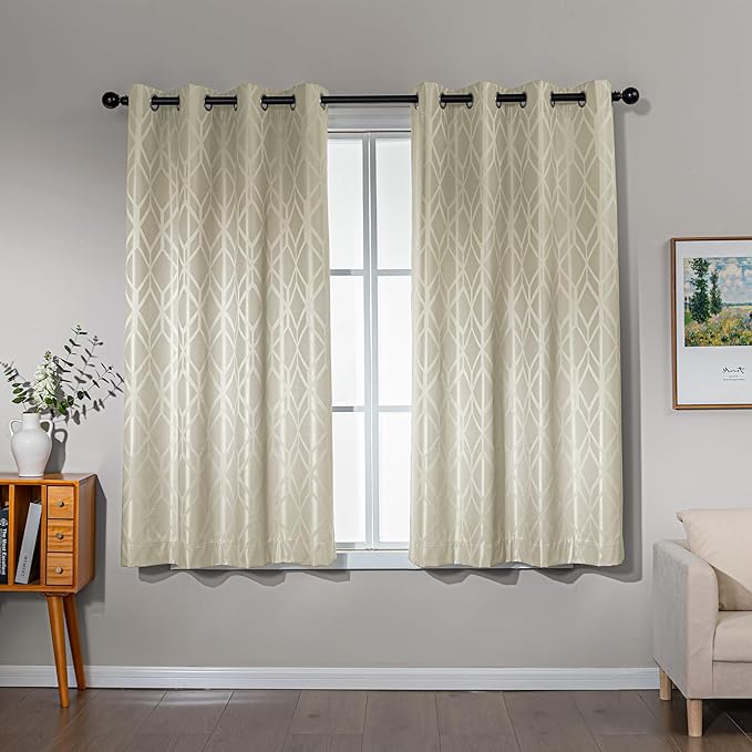 Amazon Basics Jacquard 2-Piece 100% Blackout Curtains, Living Room and Bedroom Drapes, Thermal Insulated Window Treatment, 52"x63", Beige