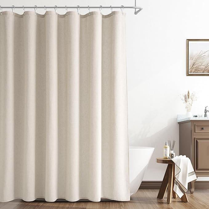 Naturoom Light Tan Linen Shower Curtain, Cloth Textured Fabric Shower Curtain Set with Hooks, Simple Elegant Modern Farmhouse Country Ultra Thick Bath Curtains for Bathroom,Water Repellent,72x80