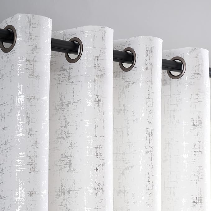 Taisier Home Silver Foil Print Linen Textured Curtains - Geometric Dots Pattern Design for Nursery, Toy Room - Thermal Insulated Window Treatment, 2 Panels, 63" L, White and Silver