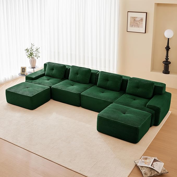 Hommoo 153" Oversized Sectional Sofa, Modular U Shaped Couch with Ottoman, Comfy Corduroy Couches with Deep Seat, 6 Seat Convertible Boneless Sofa for Living Room No Assembly Required Green