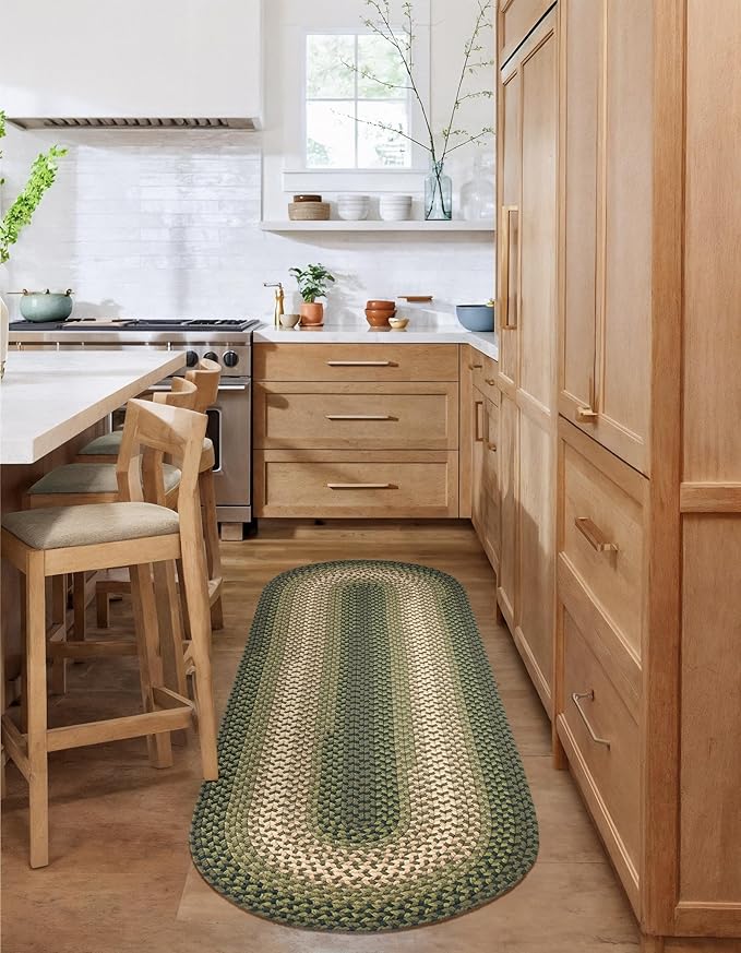Tranquility TQ22 Green 2' x 6' Runner- Braided Area Rug, Home Decor, Floor Mat or Bedroom Rug - Easy Care, Ideal for High Traffic Areas in Hallway and Living Room - Made in USA